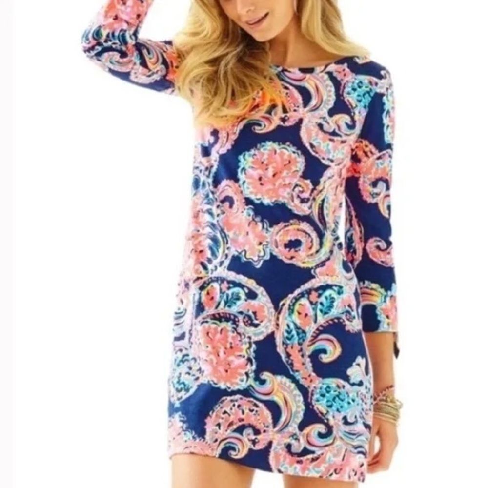 Lilly Pulitzer Linden Shirt Dress Woman's Size XS Pink & Blue 3/4 Length Sleeves